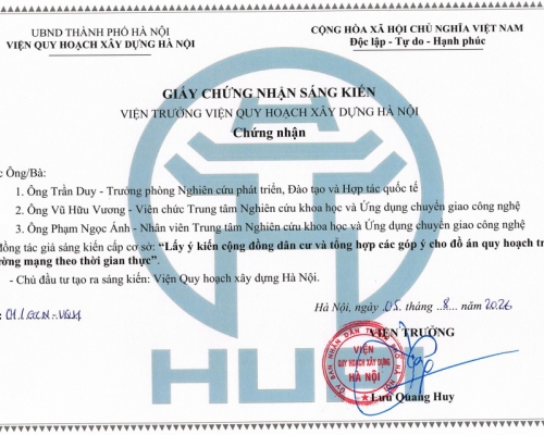 Viện Quy hoạch xây dựng Hà Nội công nhận sáng kiến ứng dụng công nghệ trong lấy ý kiến cộng đồng dân cư về quy hoạch